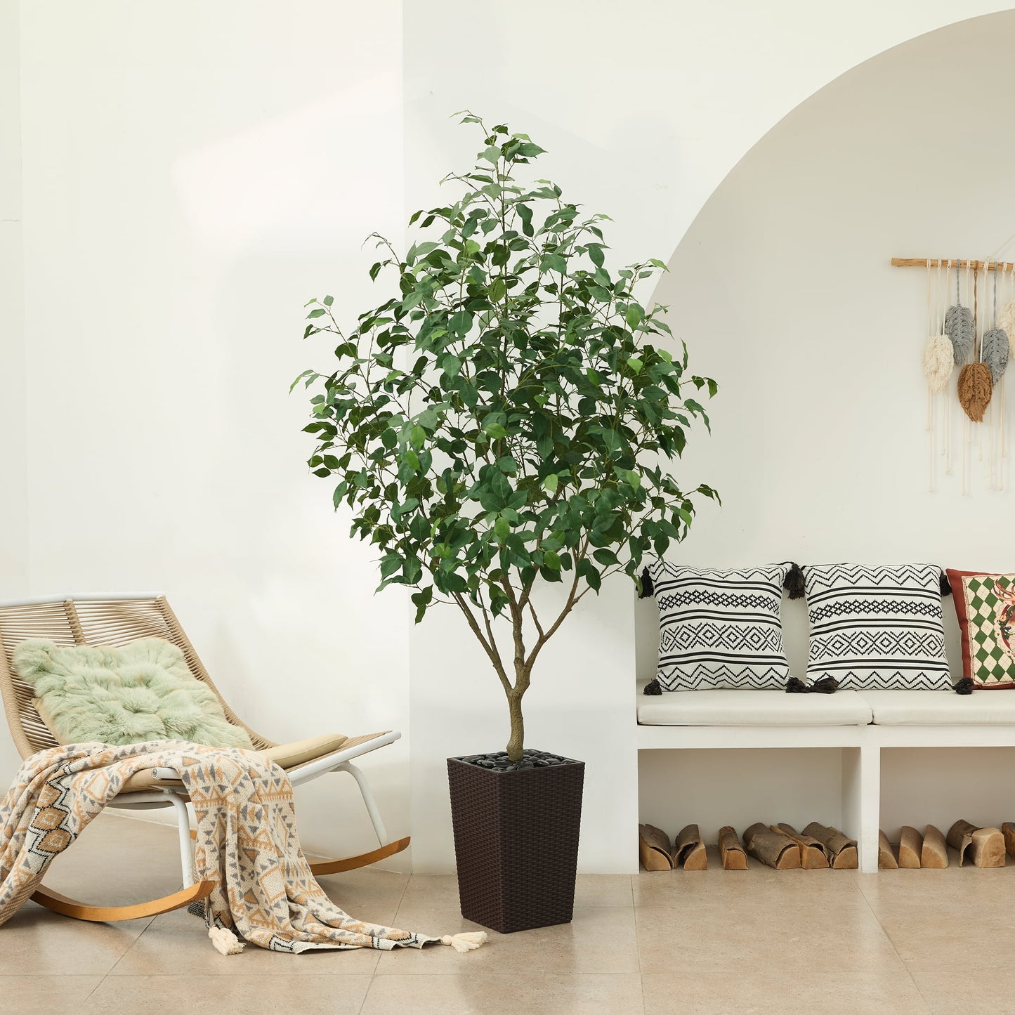DR.Planzen Artificial Ficus Tree 6ft - UV Protected Faux Ficus Plant with Adjustable Branches and Realistic Green Leaves for Indoor & Outdoor Decor, Brown Large Planter with River Rocks