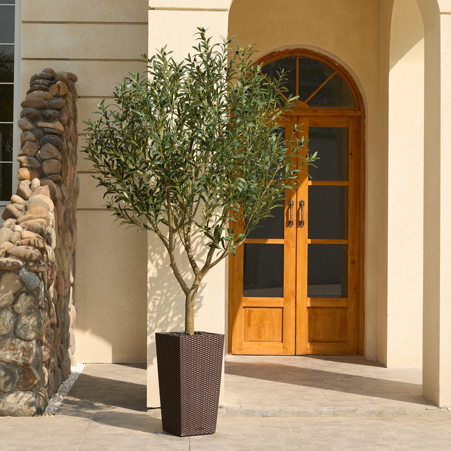 DR.Planzen UV Resistant 8ft Artificial Olive Tree in Brown Large Planter with Pebbles¨C Faux Olive Tree for Indoor and Outdoor Decor, Lifelike Greenery for Home & Garden Decor