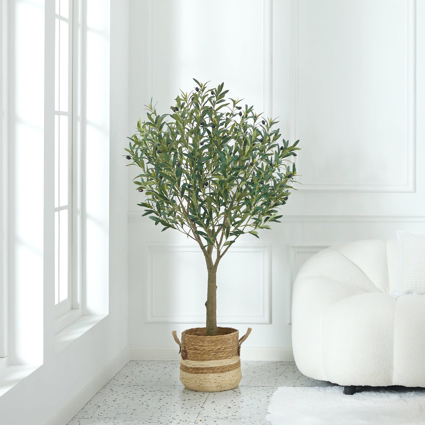 DR.Planzen 5ft Dense Artificial Olive Tree - Faux Olive Plant for Indoor & Outdoor Decor - Adjustable Branches - UV Resistant Realistic Olive Tree with Black Plastic Pot