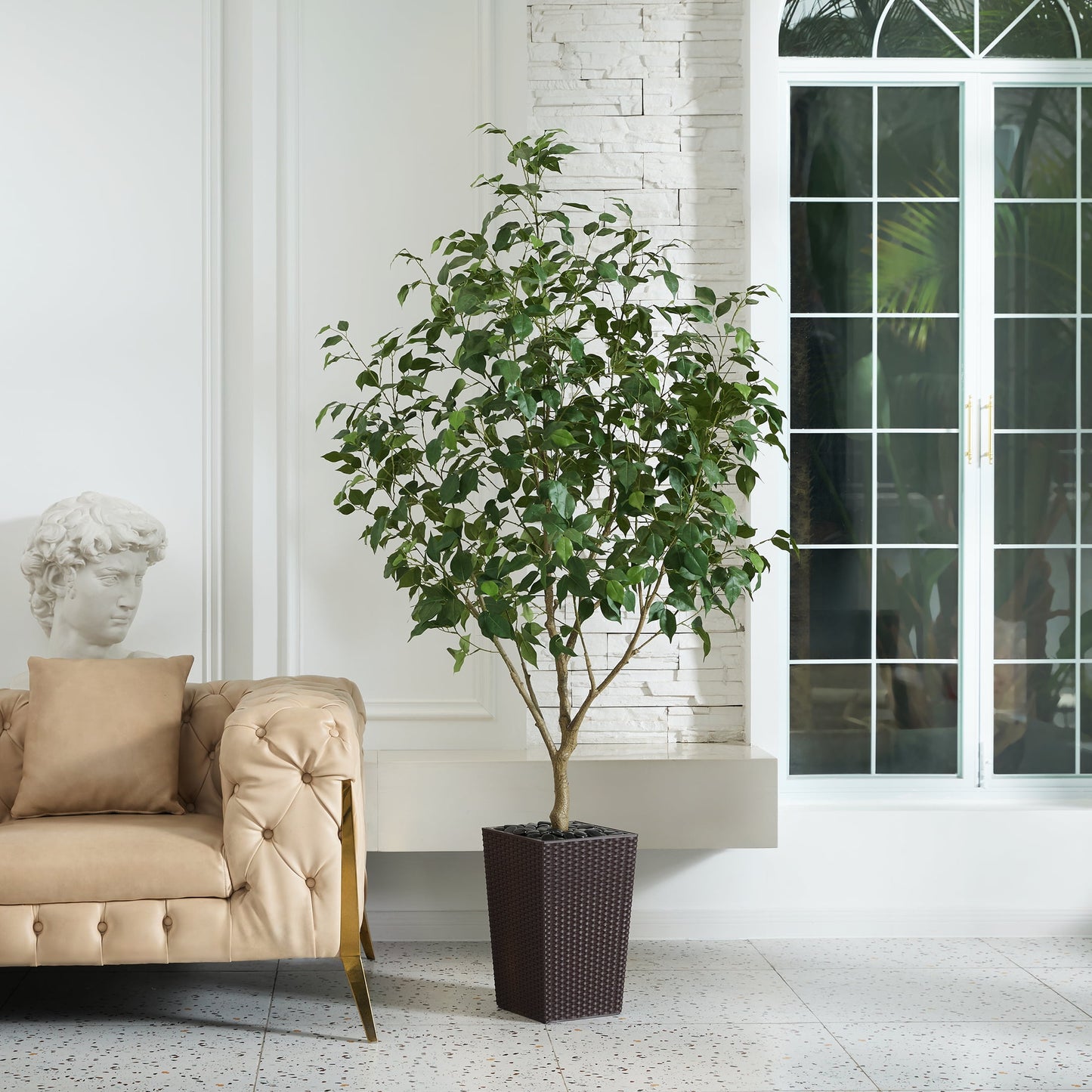 DR.Planzen Artificial Ficus Tree 6ft - UV Protected Faux Ficus Plant with Adjustable Branches and Realistic Green Leaves for Indoor & Outdoor Decor, Brown Large Planter with River Rocks