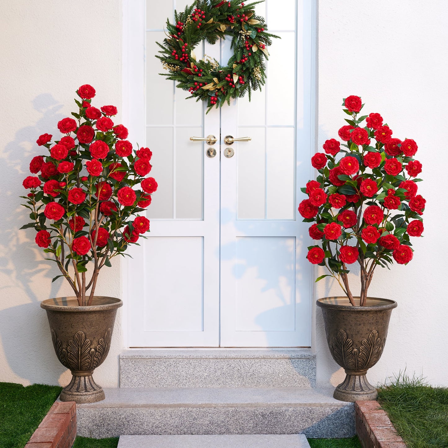 2 Pack Artificial Camellia Tree 4FT Tall Faux Camellia Plant UV Resistant Fake Flowering Tree Potted ¨C 48 Blooming Red Flowers & 348 Silk Leaves, Artificial Plant Indoor Outdoor Decor for Living Room