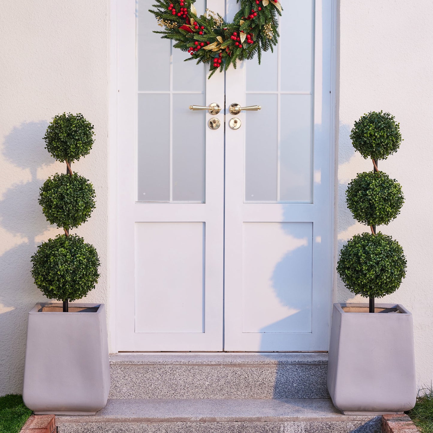 DR.Planzen 2 Pack 3 ft Artificial Boxwood Triple Ball Tree, Faux Topiary Plants, UV Resistant Outdoor Tree - 36in Porch Entryway Front Door Lawn Stake with Realistic PE Leaves & Metal Pole