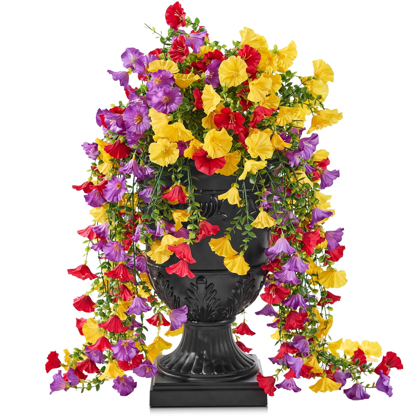 Artificial Hanging Flowers in Black Urn Planter, 26in Faux Morning Glory Flowers, Fake Hanging Plants, Artificial Flowers, Hanging Flowers with 333 Blooms - Front Porch Patio Decor