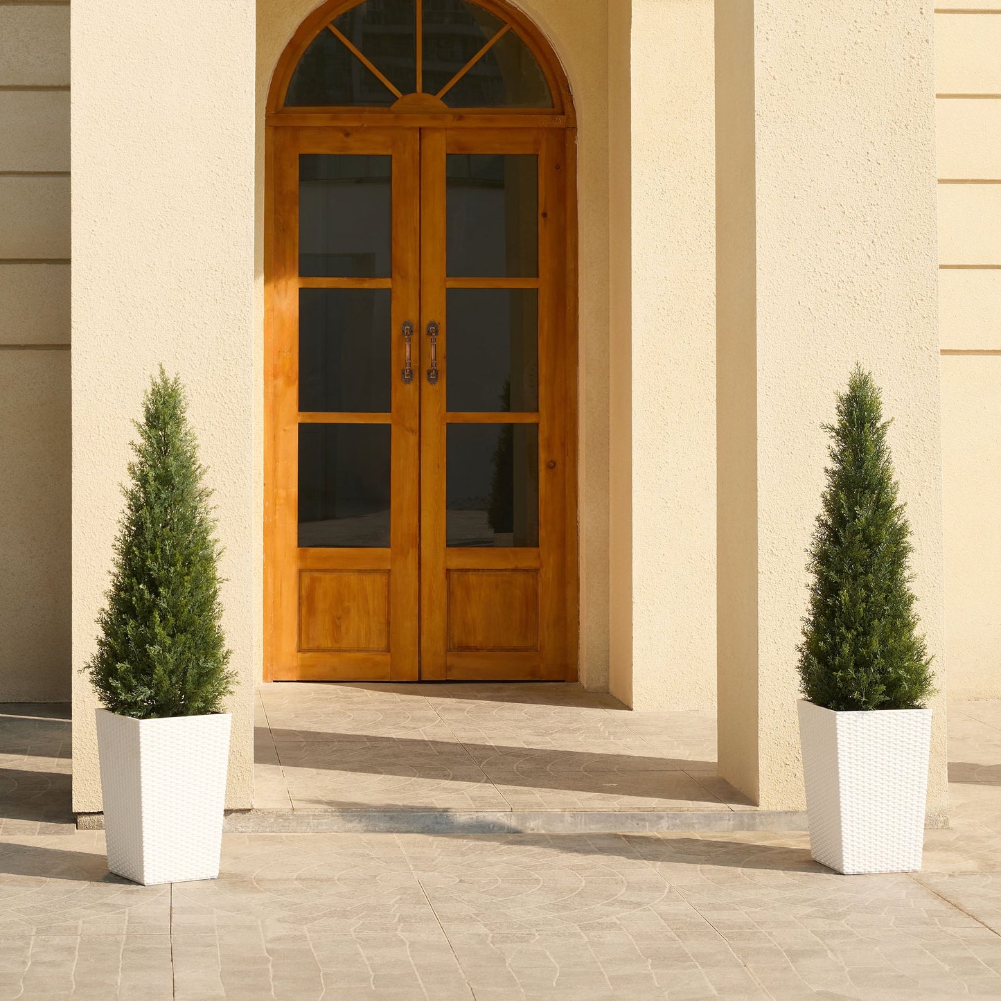 DR.Planzen 4ft Artificial Cedar Topiary Tree with White Planter - UV Resistant Faux Cypress Tree for Porch Decor Fake Pine Tree for Perfect Housewarming Gift