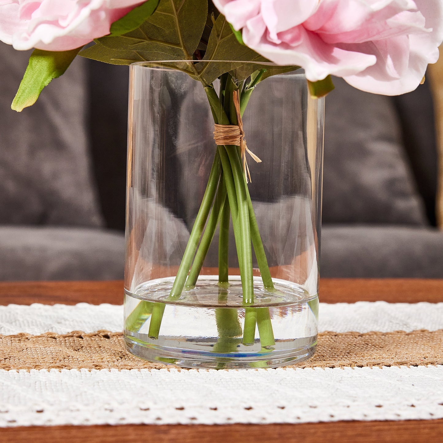 DR.Planzen Artificial Pink Peony Bouquet in Cylinder Vase with Faux Water, 6 Stems with 6 Realistic White Peony Blooms, 10.6" Tall Ready-to-Use Home Office Centerpiece Decor