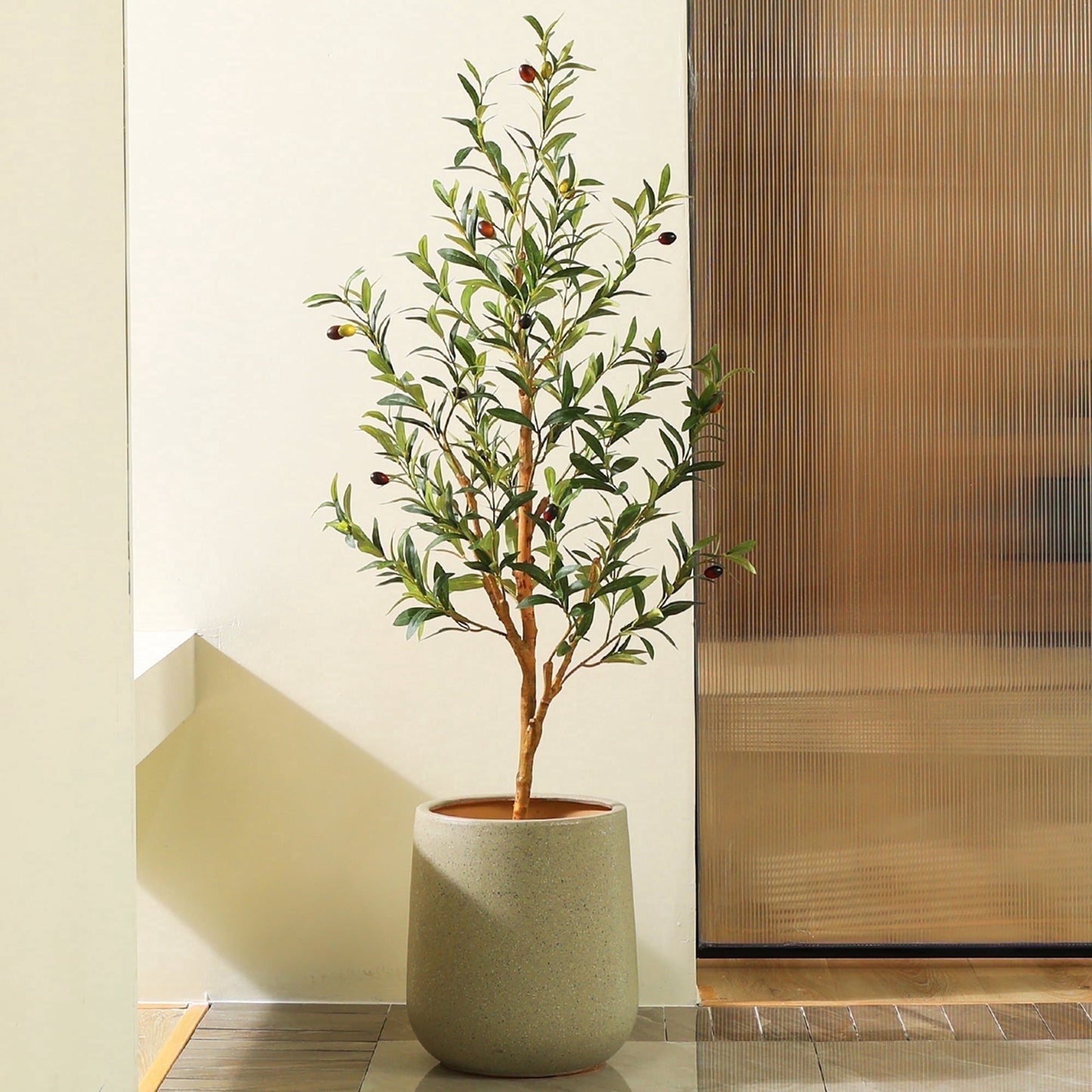 DR.Planzen 2 Pack 4ft Artificial Olive Tree Indoor, Tall Faux Olive Tree, Artificial Plants with Natural Wood Trunk and Lifelike Fruits for Home Office Decor