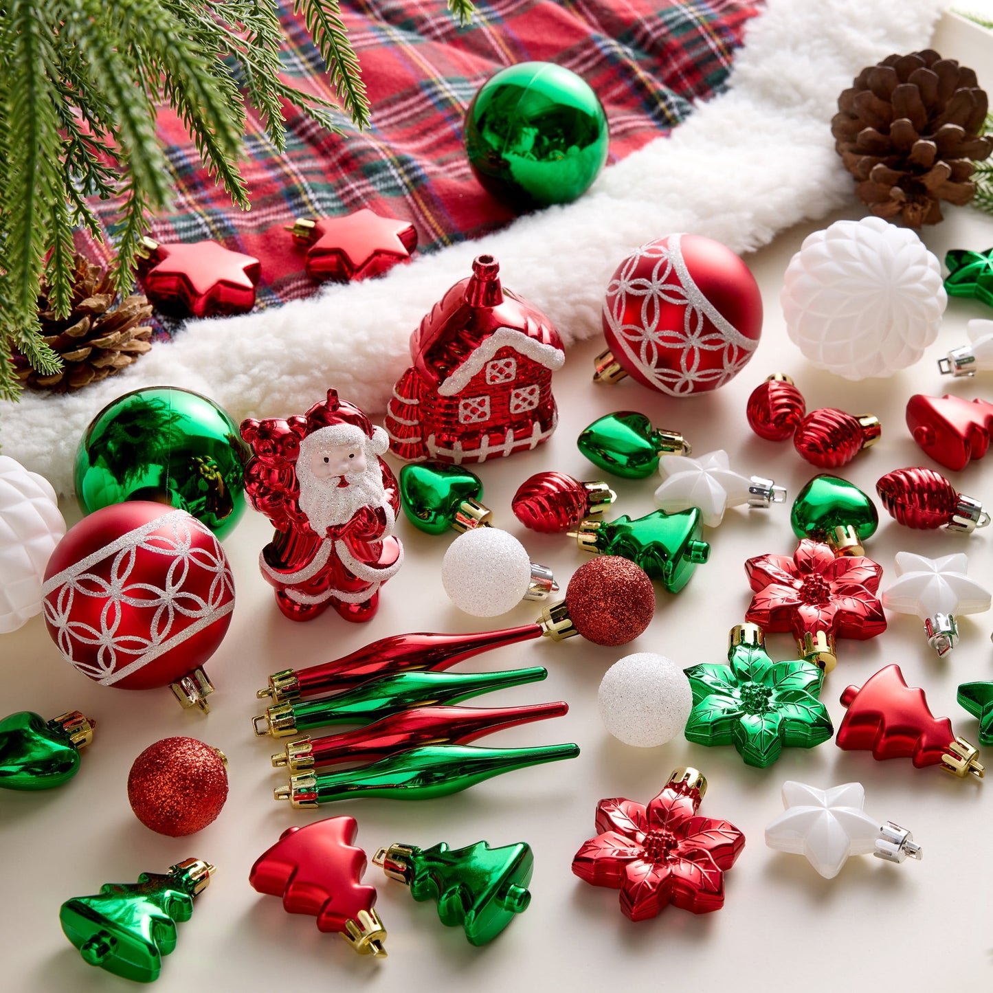 DR.Planzen 44ct Red Green & White Christmas Ornaments Set, Assorted 2.36" & 1.18" Embossed Glazed Holiday Balls with Snowflakes & Houses, Indoor Xmas Decor