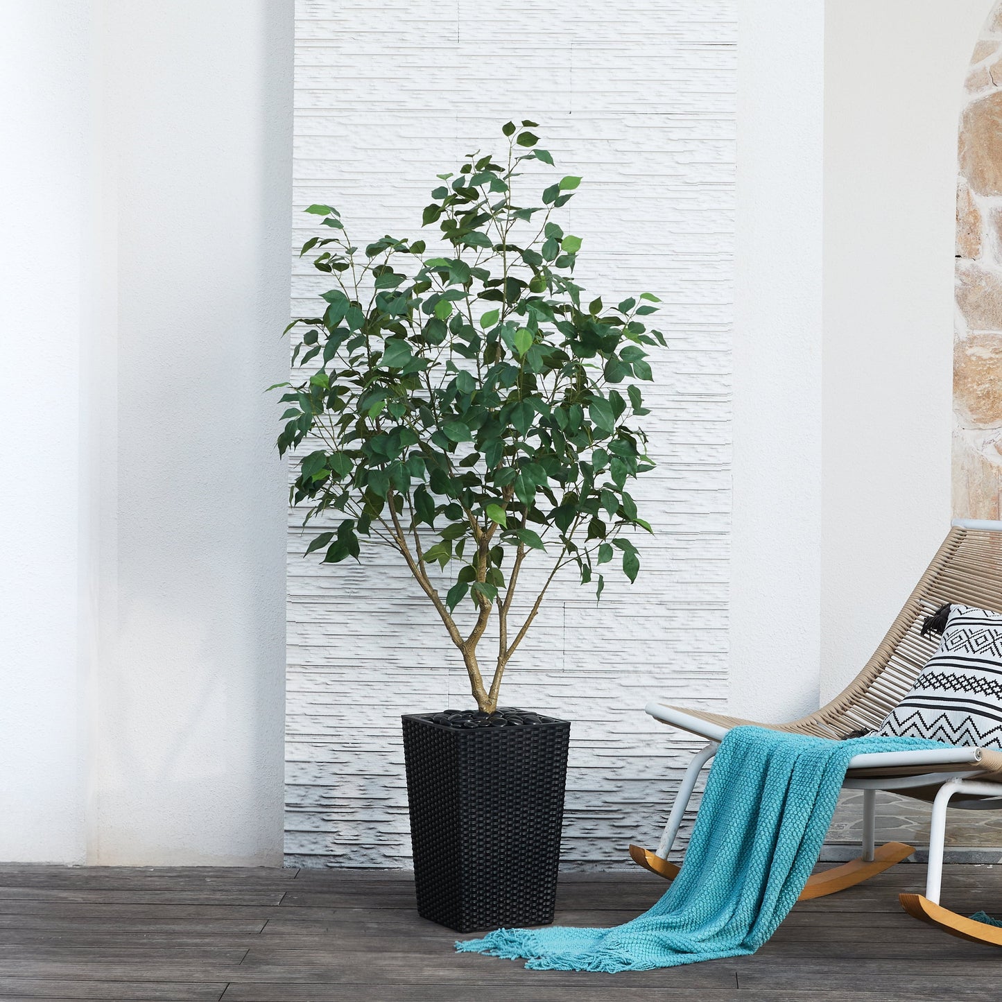 DR.Planzen Artificial Ficus Tree 5ft - UV Protected Faux Ficus Plant with Adjustable Branches and Realistic Green Leaves for Indoor & Outdoor Decor, Black Large Planter with River Rocks