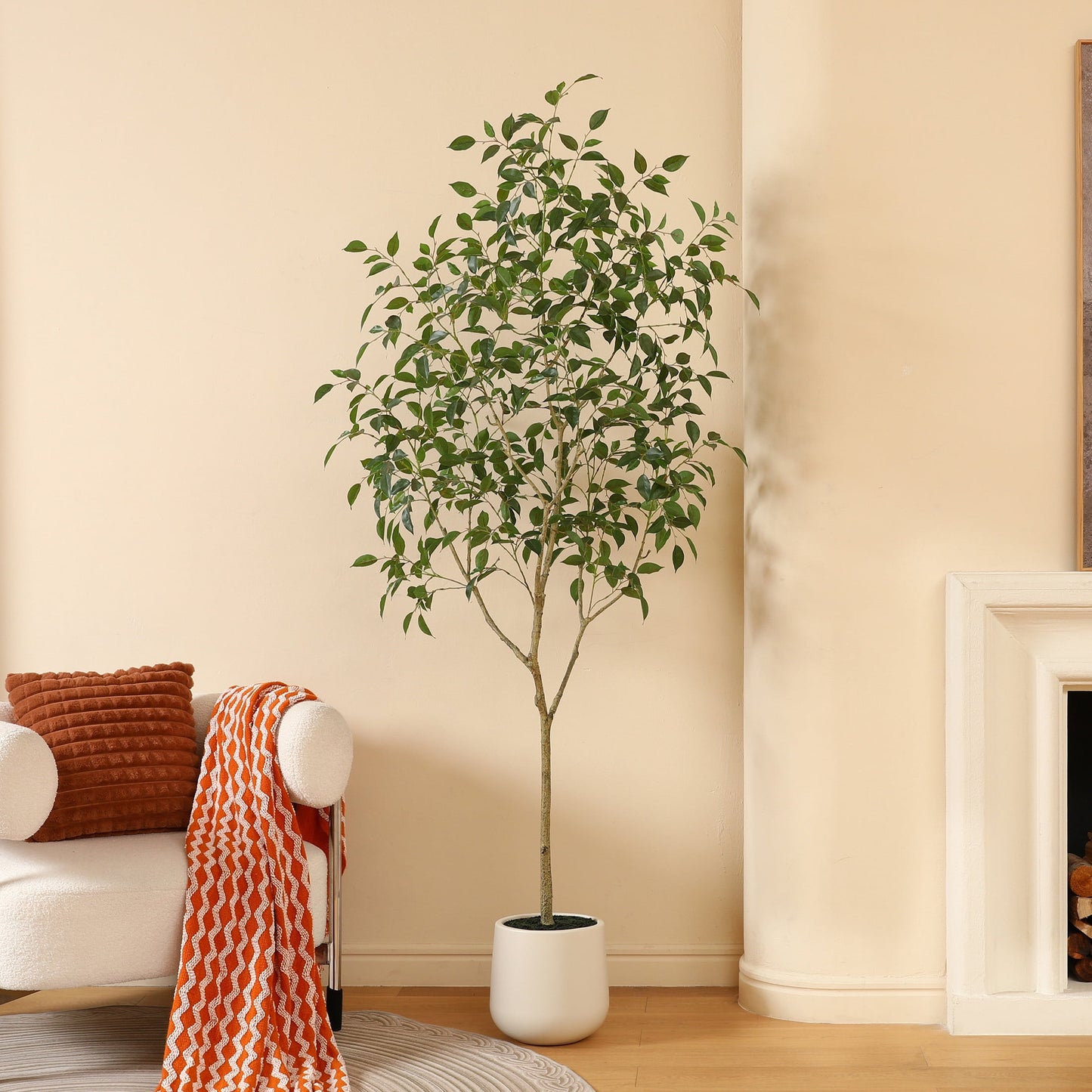 DR.Planzen 7ft Fake Ficus Tree with Oval White Planter, Pre Potted Faux Greenry Plant for Home Decor Office House Living Room Indoor Outdoor, Big Fake Plants Fake House Plants