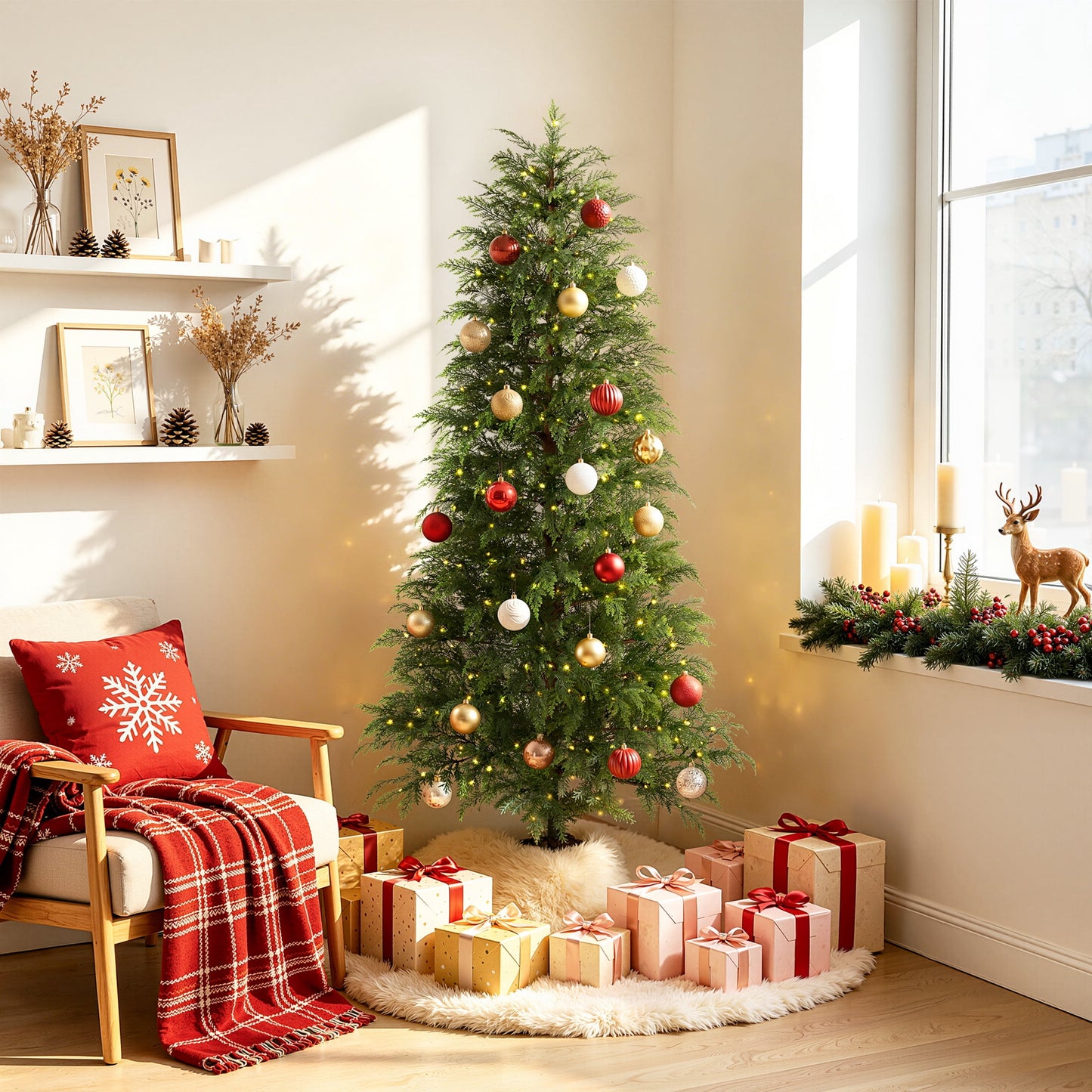 DR.Planzen 7.5' Pre-Lit Green Cypress Artificial Christmas Tree with 500 Warm White Twinkle LED Lights, Full-Bodied Xmas Tree with Metal Stand, Indoor Holiday Decoration