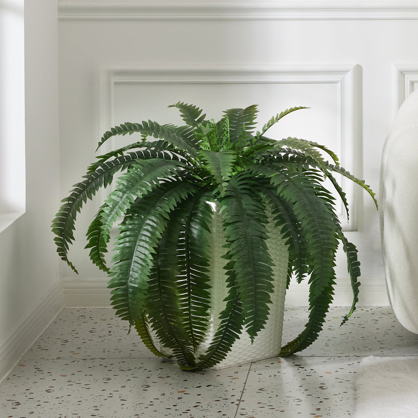 DR.Planzen 2 Pack Artificial Boston Fern Bush Plant with White Tapered Planter - UV Resistant Faux Ferns with 33 Leaves