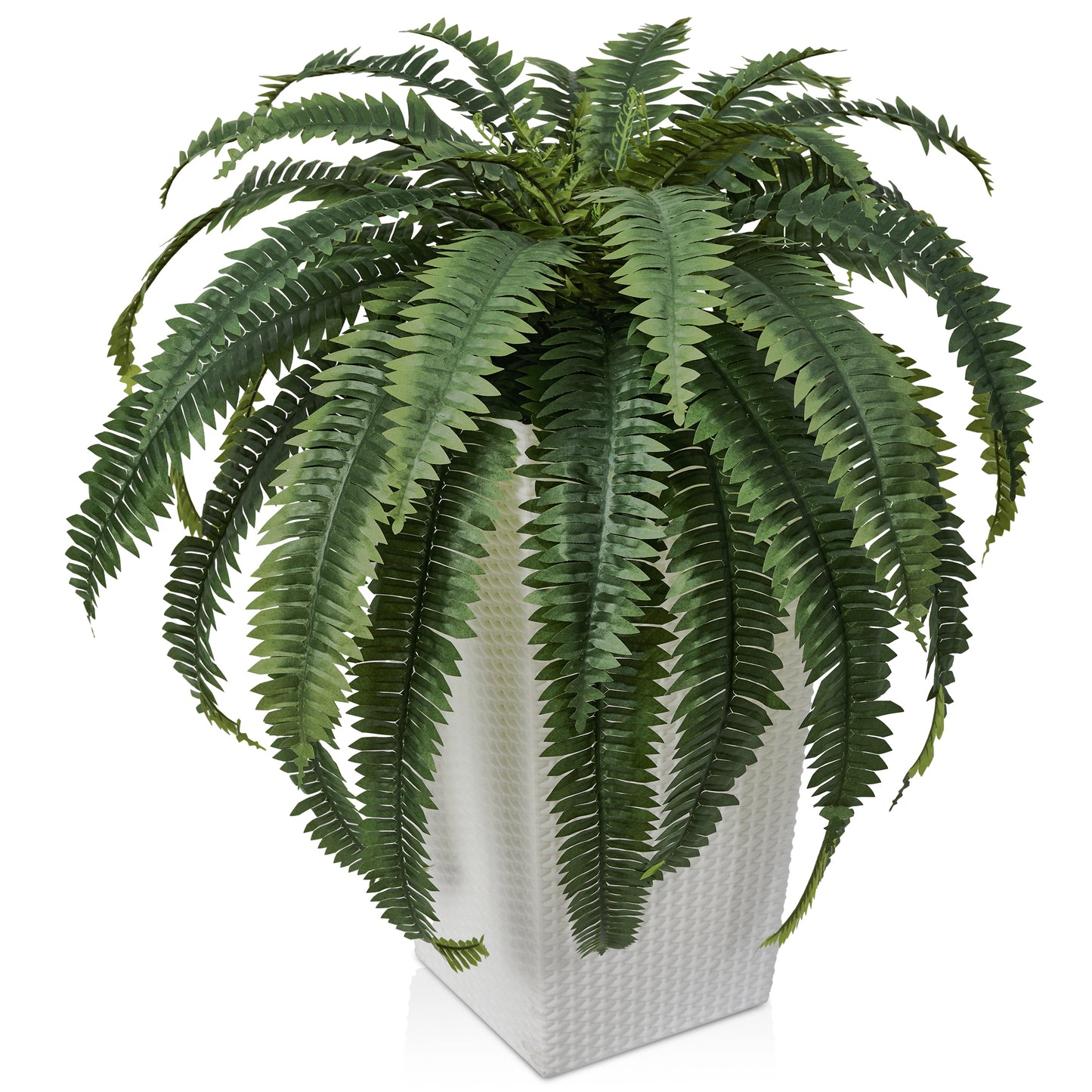 DR.Planzen Artificial Boston Fern Bush Plant with White Tapered Planter - UV Resistant Faux Ferns with 39 Leaves
