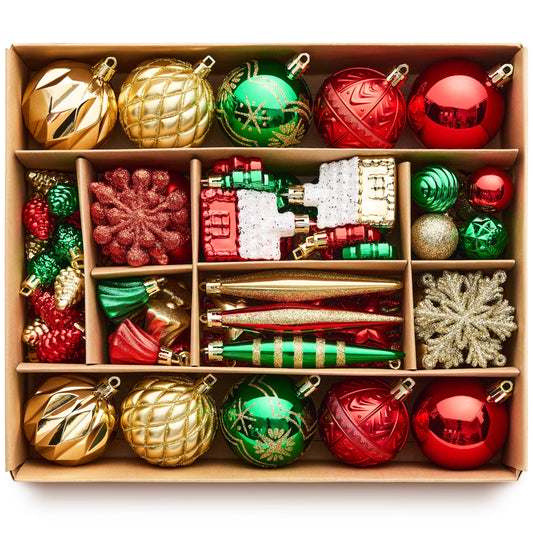 DR.Planzen 96PCS Christmas Ball Ornaments Set, Red Green Gold Ornaments, Christmas Tree Decorations, Xmas Ornaments - 9 Shapes, 1.2-4.8in Holiday Decor with 100 Hanging Strings