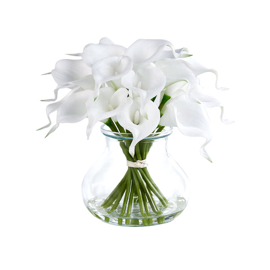 DR.Planzen 10.4in Artificial Calla Lily Flowers with Vase - 19-Bloom White Fake Flowers with Faux Water, Real Touch PU Floral Arrangement for Home Decor Wedding Office Table Centerpiece