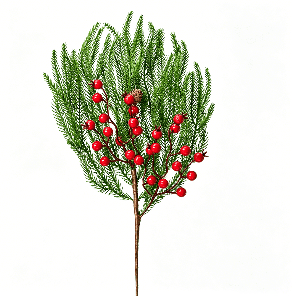 DR.Planzen 12 Pcs 18 inch Artificial Norfolk Pine Branches with Lights - Prelit Christmas Pine Stems with Red Berries, Real Pinecones, 50 Warm White LEDs, Wreath, Garland, Mantel Decor