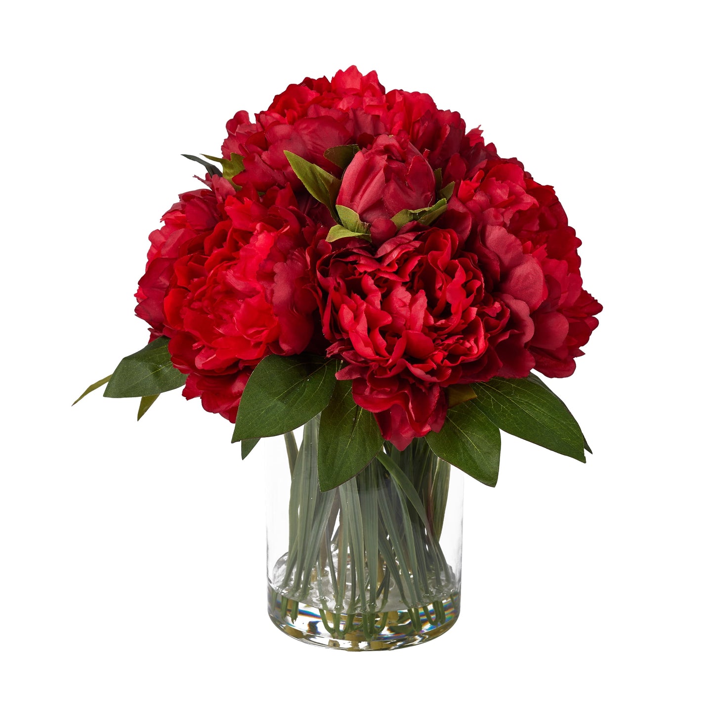 12in Artificial Peonies with Vase Fake Peony Flowers Red Artificial Flower Arrangement ¨C 9 Bloom Realistic Faux Peonies in Glass Vase with Faux Water for Table Centerpiece Wedding Home Office Decor
