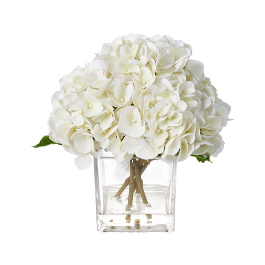 12in Artificial Hydrangea Flowers with Glass Vase, Hydrangea Artificial Flowers White Faux Hydrangea Arrangement - 90 Blooms Full Hydrangea Centerpiece for Home Table Wedding Decor Indoor
