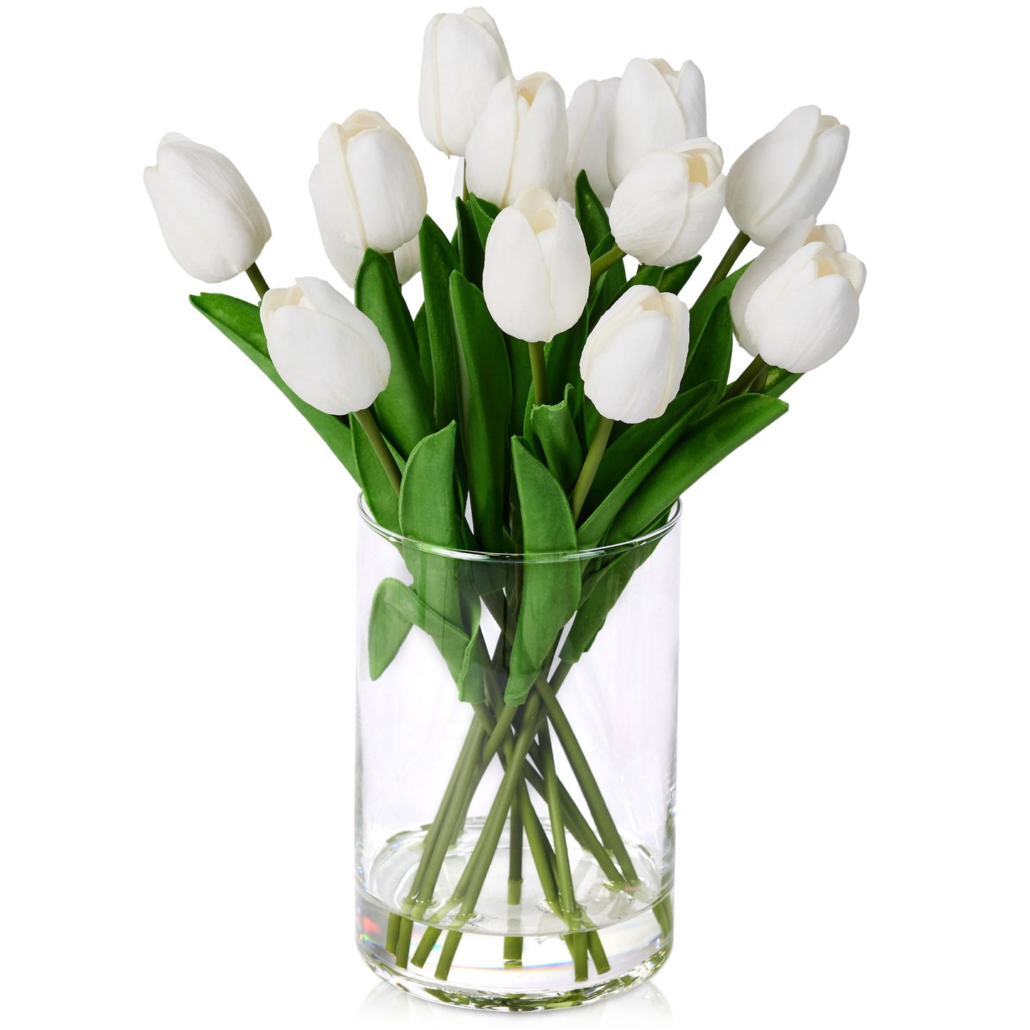 12in Artificial White Tulips Fake Flowers in Vase Real Touch Tulips ¨C Faux Tulips Bouquet with Glass Vase & Faux Water, Tulips Centerpiece for Spring Home Decor Dining Table Wedding Mothers Day