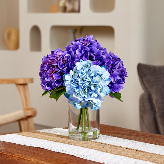 DR.Planzen 13in Artificial Hydrangea Flowers with Vase - Purple and Blue Faux Hydrangea Flowers, Clear Glass Vase with Faux Water, Table Centerpiece for Home Decor, Office, Wedding Party