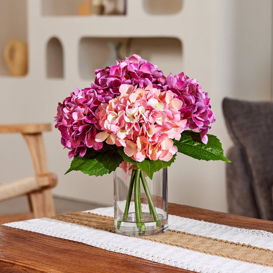 DR.Planzen 13in Artificial Hydrangea Flowers with Vase - Red and Pink Faux Hydrangea Flowers, Clear Glass Vase with Faux Water, Table Centerpiece for Home Decor, Office, Wedding Party
