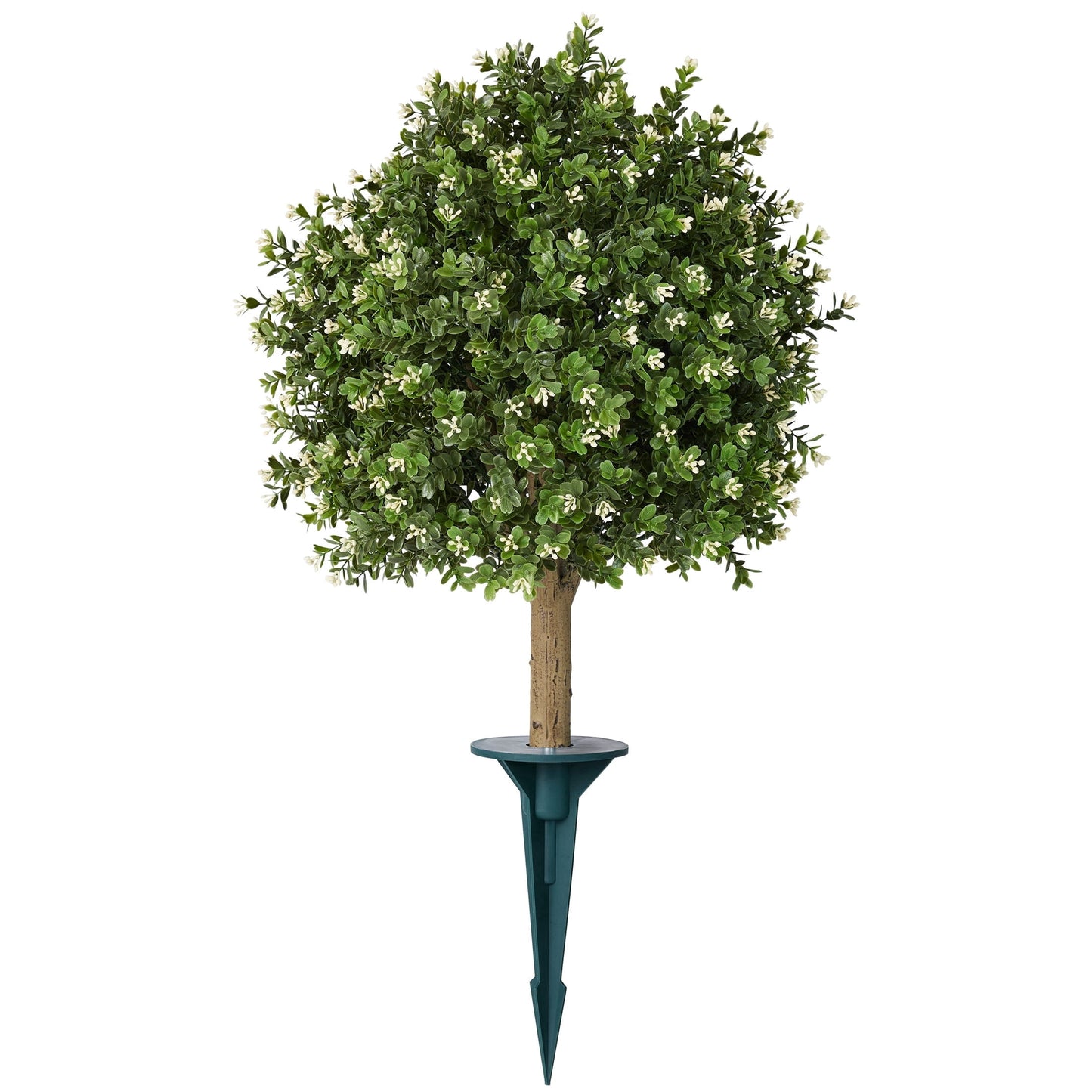 DR.Planzen 16'' Artificial Boxwood Topiary Ball Plant with White Flowers, Fake Flowering Shrub with Ground Spike, UV Resistant Faux Outdoor Greenery for Garden Porch Decor