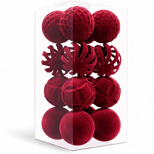 DR.Planzen 16ct 3.15" Burgundy Red Flocked Christmas Ornaments, Soft Velvet Foam Balls for Holiday Tree Decor, Non-Tarnish Indoor Xmas Decorations