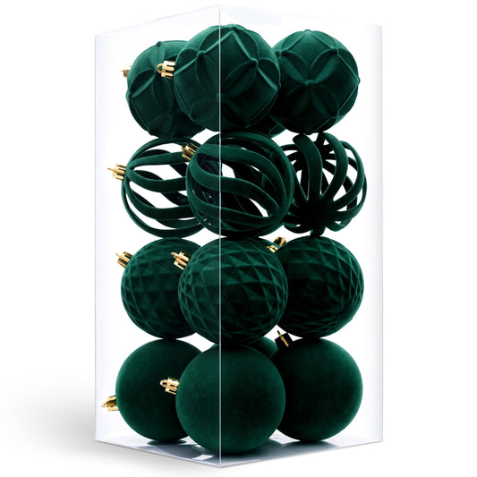 DR.Planzen 16ct 3.15" Dark Green Flocked Christmas Ornaments, Soft Velvet Foam Balls for Holiday Tree Decor, Shatterproof Indoor Xmas Decorations