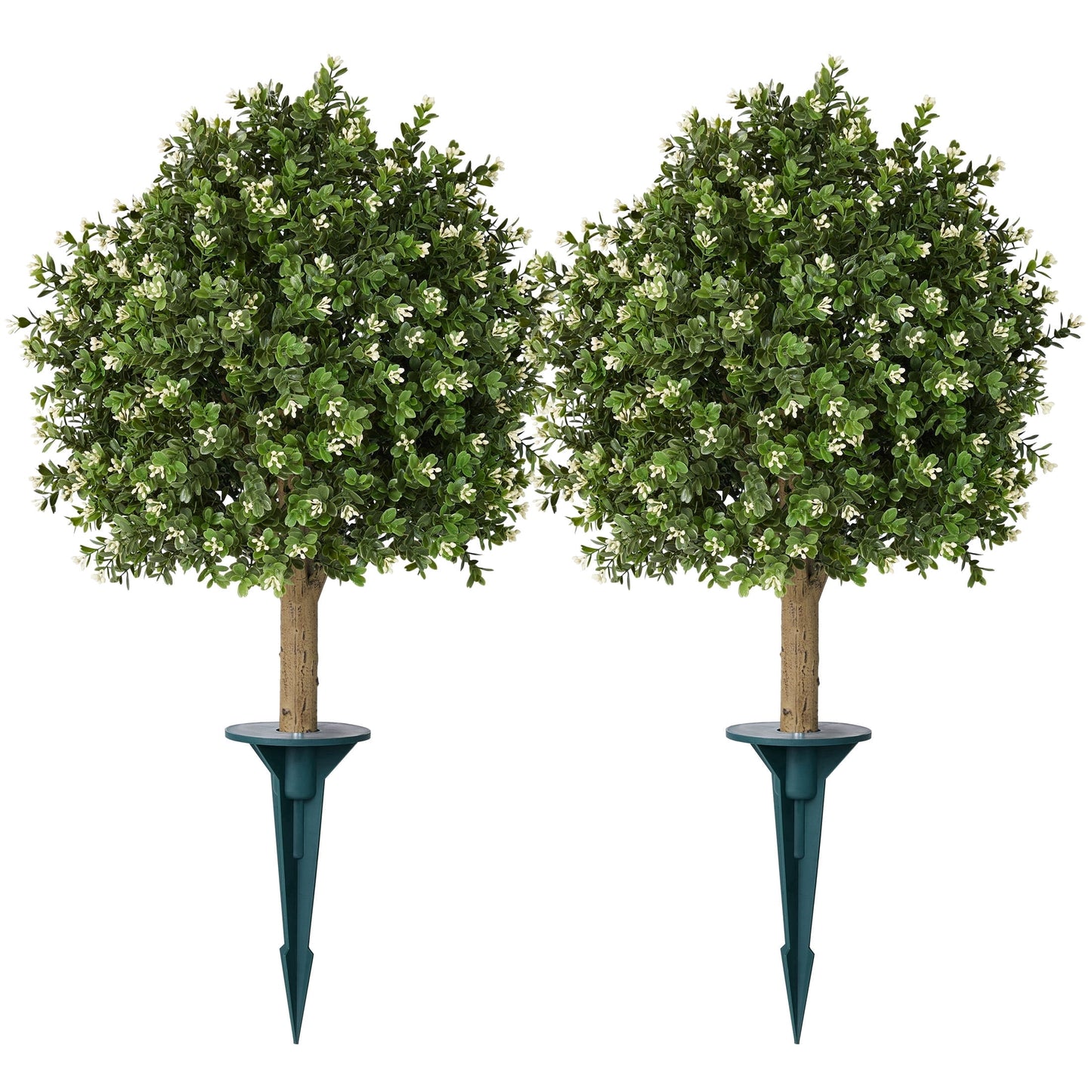 DR.Planzen 2 Pack 16'' Artificial Boxwood Topiary Ball Plant with White Flowers, Fake Flowering Shrub with Ground Spike, UV Resistant Faux Outdoor Greenery for Garden Porch Decor