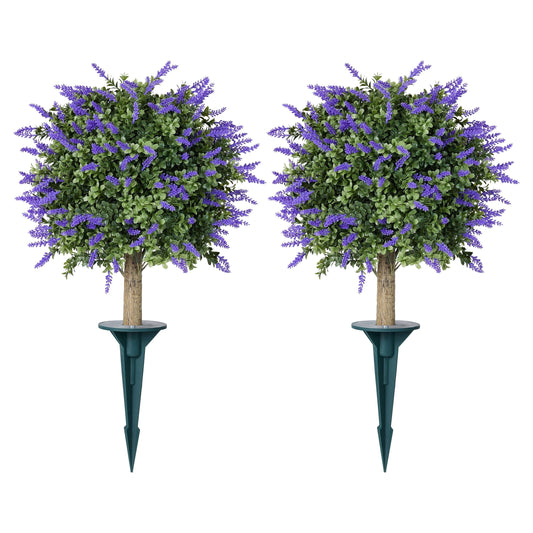 DR.Planzen 2 Pack 16'' Artificial Lavender Boxwood Topiary Ball Plant, Fake Scented Flowering Shrub with Ground Spike, UV Resistant Faux Outdoor Decor for Garden Porch Patio