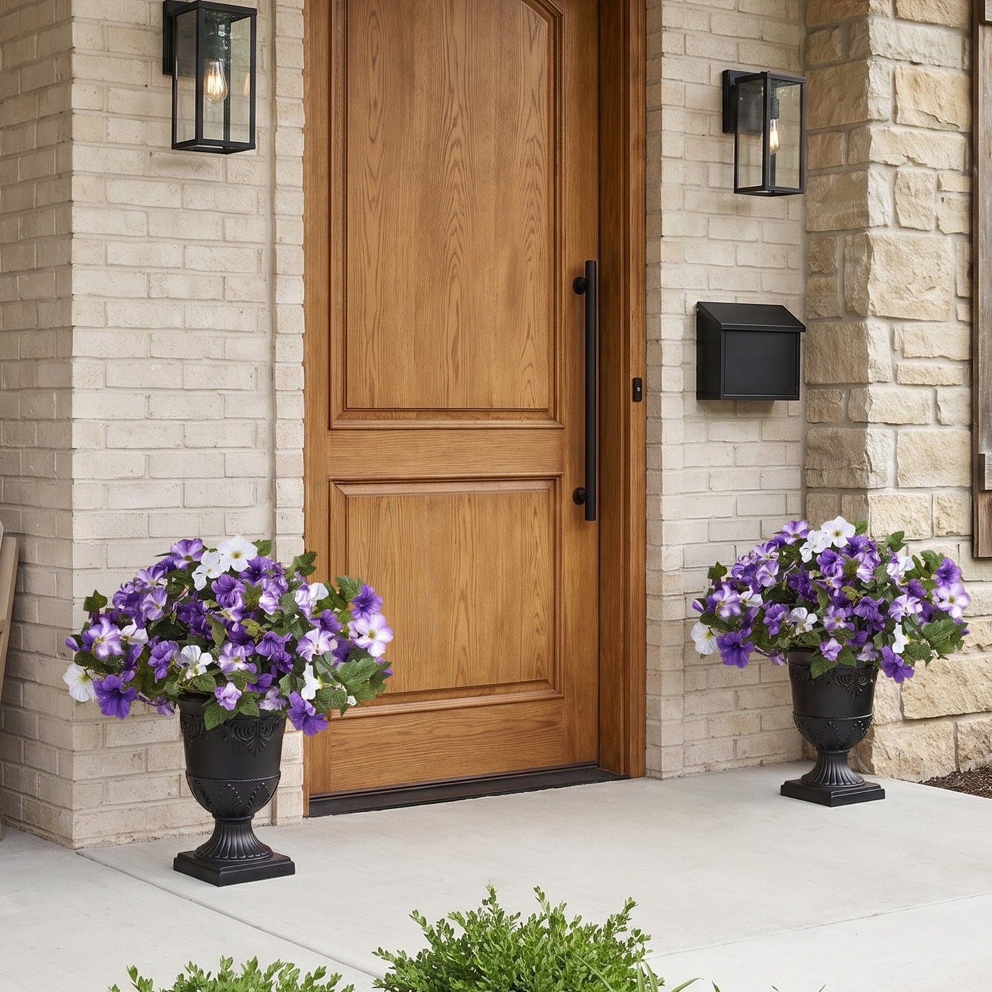 2 Pack 28in Artificial Morning Glory Flowers Faux Flowers Potted Plants Porch Decor - 81 Purple White Blooms in Black Urn Planter - Indoor Covered Porch Decor for Entryway Patio Home Office