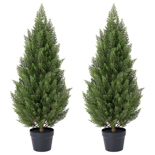 DR.Planzen 2 Pack 3ft Artificial Cedar Tree with Real Wood Trunk, Faux Silk Plant UV Resistant for Indoor Outdoor, Lifelike Fake Potted Tree for Home Office Decor