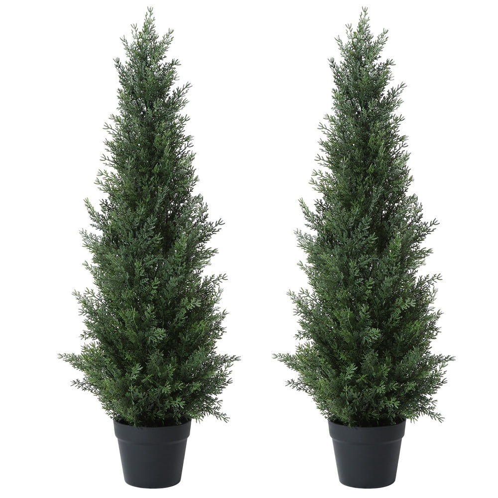 DR.Planzen 2 Pack 3 FT Artificial Cedar Tree with 699 PE Leaves, Indoor Faux Topiary Cedar Tree, Potted Fake Tree - Adjustable Branches - Slim Decor for Entryway & Covered Porch