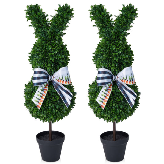 DR.Planzen 2 Pack 36-inch Artificial Boxwood Easter Bunny Topiary in Weighted Black Pot, UV-Resistant Faux Plant for Indoor Outdoor Spring Decor