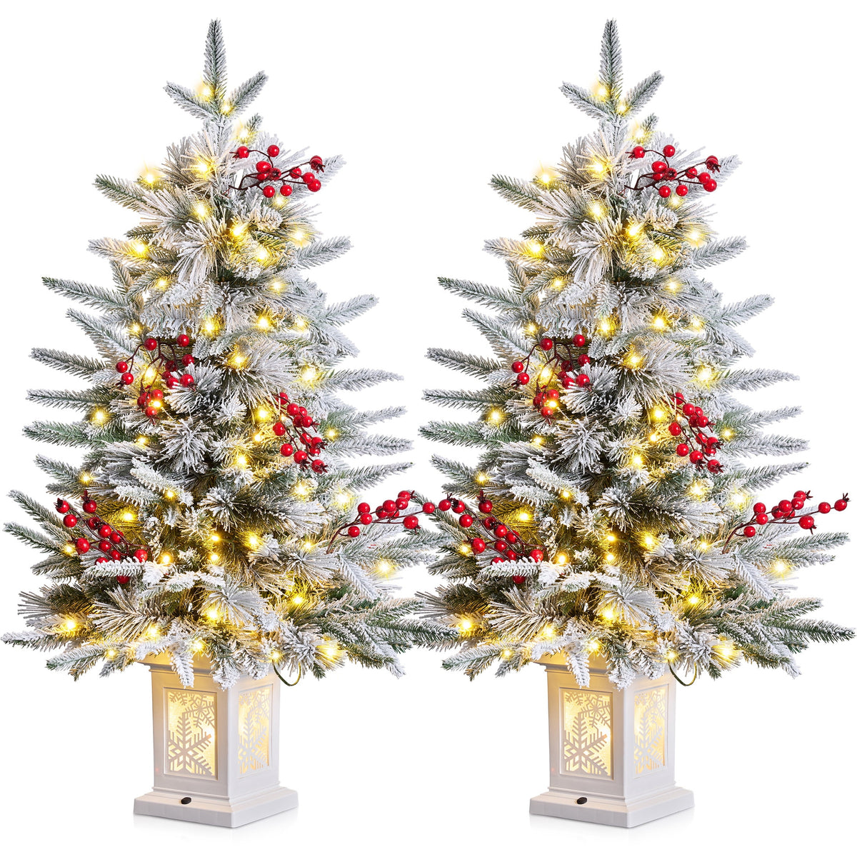 DR.Planzen 2-Pack 3FT Pre-Lit Artificial Christmas Trees, Warm White Lights, Red Berries and White Bases, Indoor Holiday Decorations