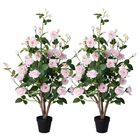 DR.Planzen 2 Pack 3ft Artificial Pink Rose Tree with Green Leaves, Lifelike Faux Rose Flower Tree for Home Decor Indoor Outdoor, Living Room Office Decoration