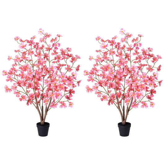 DR.Planzen 2 Pack 3ft Artificial Red Dogwood Tree, Lifelike Faux Dogwood Flower Tree with Green Leaves for Home Decor Indoor Outdoor, Spring Decoration for Living Room Office