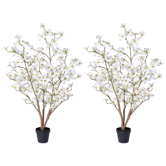DR.Planzen 2 Pack 3ft Artificial White Dogwood Tree, Lifelike Faux Dogwood Flower Tree with Green Leaves for Home Decor Indoor Outdoor, Spring Decoration for Living Room Office