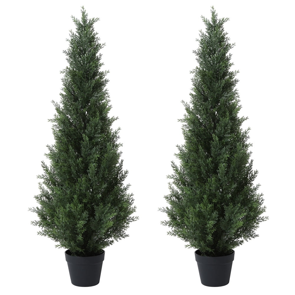 DR.Planzen 2 Pack 4 FT Artificial Cedar Tree with 1050 PE Leaves, Indoor Faux Topiary Cedar Tree, Potted Fake Tree - Adjustable Branches - Slim Decor for Entryway & Covered Porch