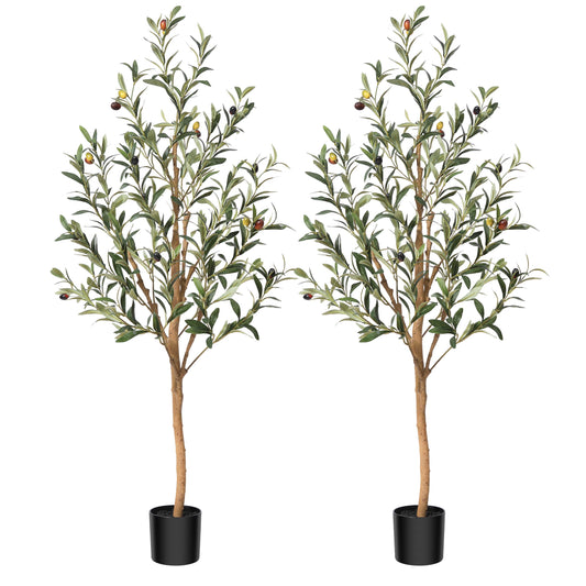 DR.Planzen 2 Pack 4ft Artificial Olive Tree Indoor, Tall Faux Olive Tree, Artificial Plants with Natural Wood Trunk and Lifelike Fruits for Home Office Decor