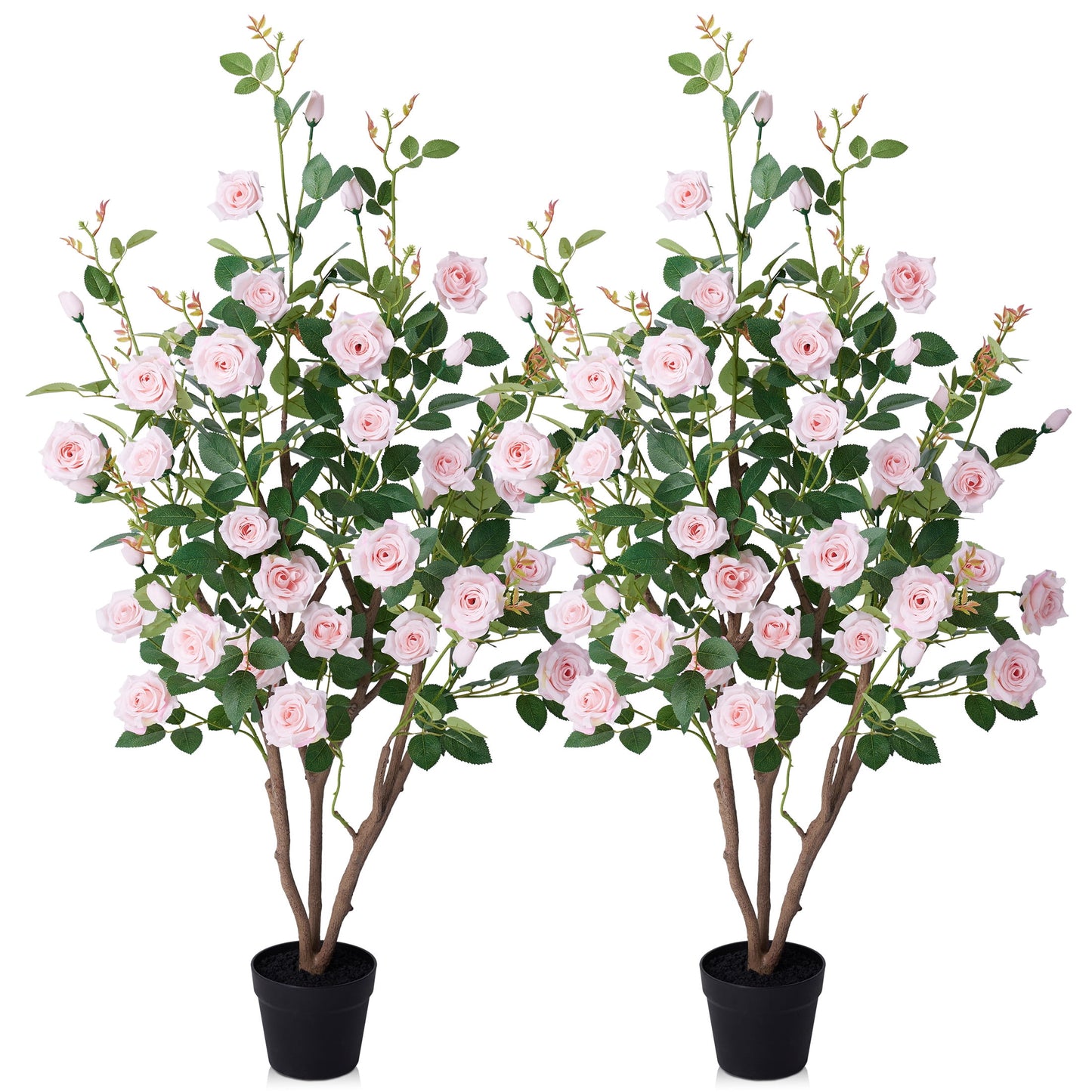 DR.Planzen 2 Pack 4ft Artificial Pink Rose Tree with Green Leaves, Lifelike Faux Rose Flower Tree for Home Decor Indoor Outdoor, Living Room Office Decoration