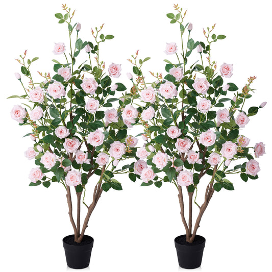 DR.Planzen 2 Pack 4ft Artificial Pink Rose Tree with Green Leaves, Lifelike Faux Rose Flower Tree for Home Decor Indoor Outdoor, Living Room Office Decoration