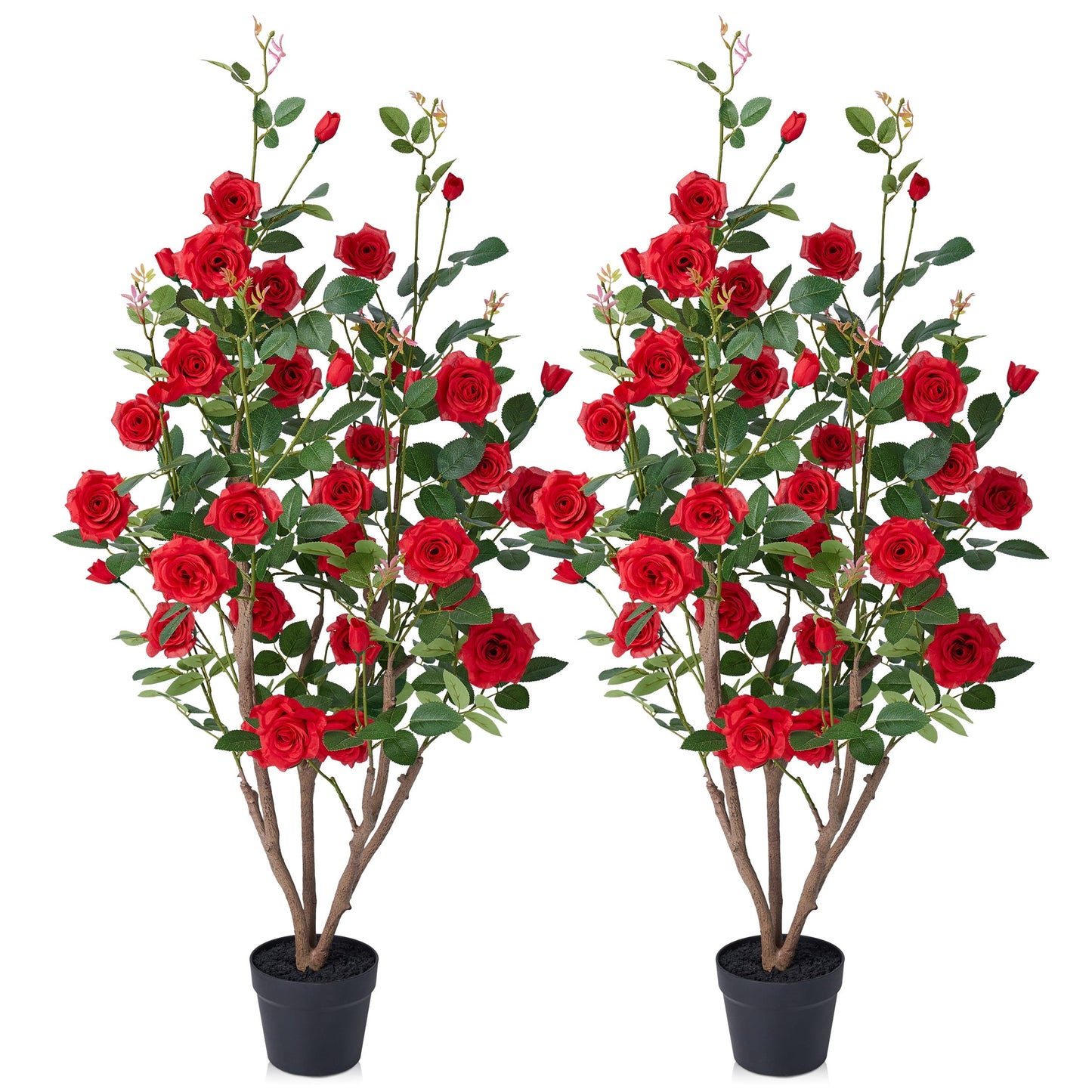 DR.Planzen 2 Pack 4ft Artificial Red Rose Tree with Green Leaves, Lifelike Faux Rose Flower Tree for Home Decor Indoor Outdoor, Living Room Office Decoration
