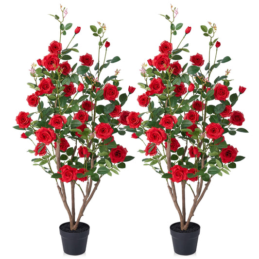 DR.Planzen 2 Pack 4ft Artificial Red Rose Tree with Green Leaves, Lifelike Faux Rose Flower Tree for Home Decor Indoor Outdoor, Living Room Office Decoration