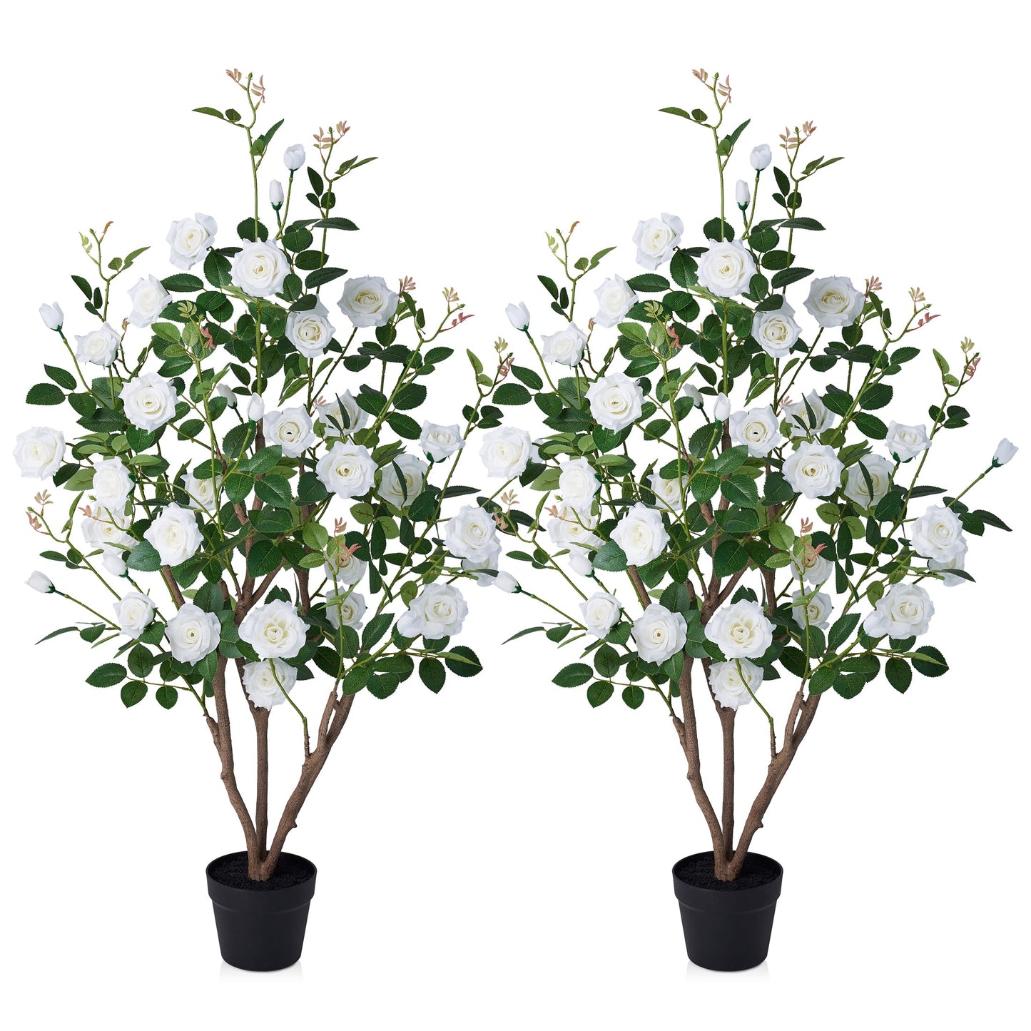 DR.Planzen 2 Pack 4ft Artificial White Rose Tree with Green Leaves, Lifelike Faux Rose Flower Tree for Home Decor Indoor Outdoor, Living Room Office Decoration