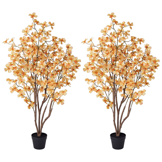 DR.Planzen 2 Pack 4ft Artificial Yellow Dogwood Tree, Lifelike Faux Dogwood Flower Tree with Green Leaves for Home Decor Indoor Outdoor, Spring Decoration for Living Room Office