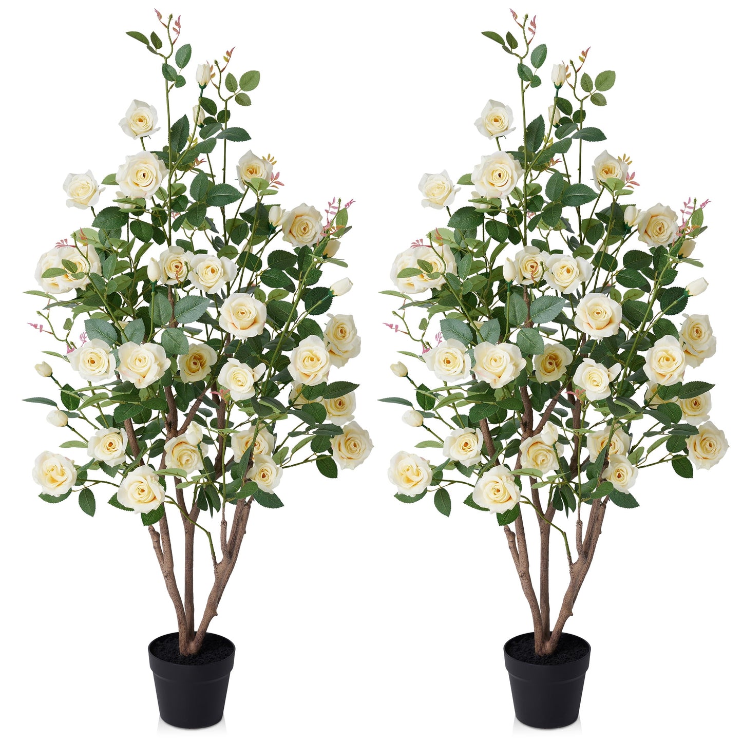 DR.Planzen 2 Pack 4ft Artificial Yellow Rose Tree with Green Leaves, Lifelike Faux Rose Flower Tree for Home Decor Indoor Outdoor, Living Room Office Decoration