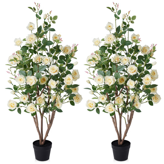 DR.Planzen 2 Pack 4ft Artificial Yellow Rose Tree with Green Leaves, Lifelike Faux Rose Flower Tree for Home Decor Indoor Outdoor, Living Room Office Decoration