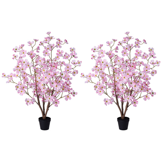DR.Planzen 2 Pack 4ft Pink Artificial Dogwood Tree, Lifelike Faux Dogwood Flower Tree with Green Leaves for Home Decor Indoor Outdoor, Spring Decoration for Living Room Office