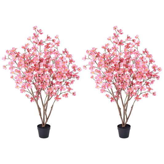 DR.Planzen 2 Pack 4ft Red Artificial Dogwood Tree, Lifelike Faux Dogwood Flower Tree with Green Leaves for Home Decor Indoor Outdoor, Spring Decoration for Living Room Office