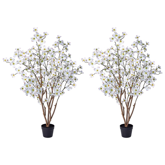 DR.Planzen 2 Pack 4ft White Artificial Dogwood Tree, Lifelike Faux Dogwood Flower Tree with Green Leaves for Home Decor Indoor Outdoor, Spring Decoration for Living Room Office